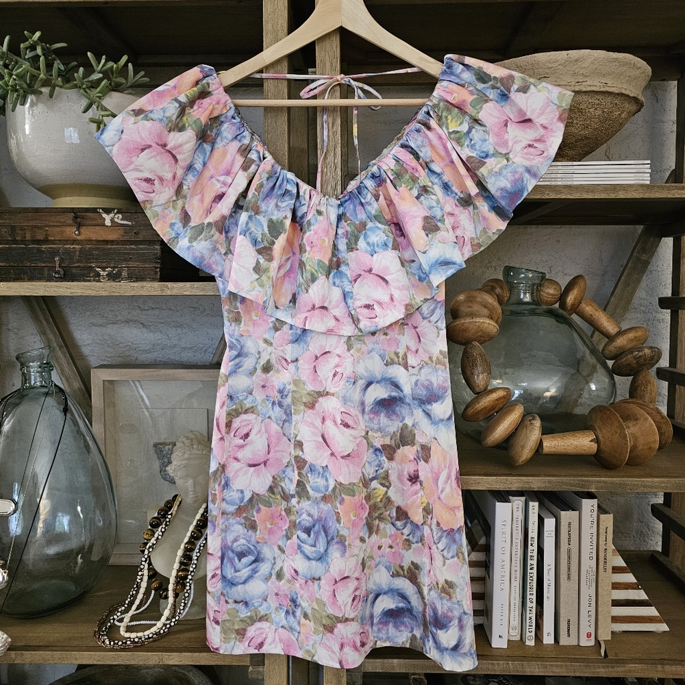 & Other Stories Floral Ruffle Mini Dress Pink & Blue Off-Shoulder Party - Picture 9 of 12
